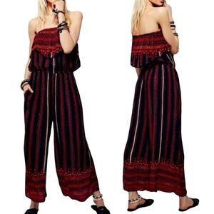 FREE PEOPLE Simone Flounce Striped Patterned Strapless Jumpsuit Boho - Small